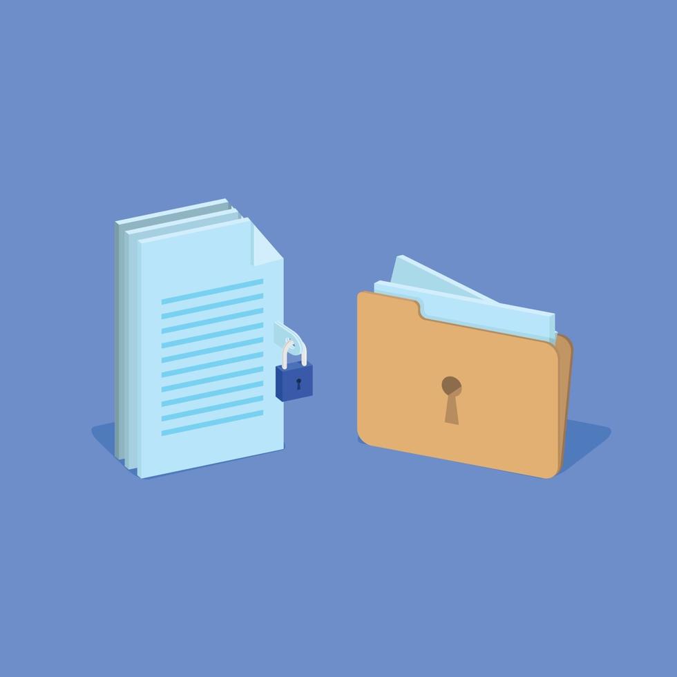 files and folder with padlock and keyhole, data encryption and data security concept, isometric vector illustration.