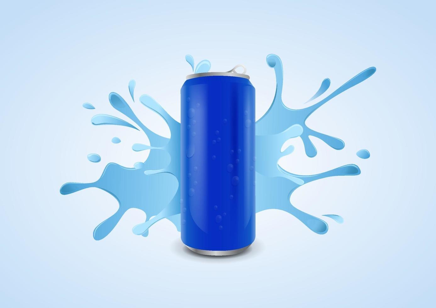 Blue ice cold soda can with water drops on splashing water background, vector illustration