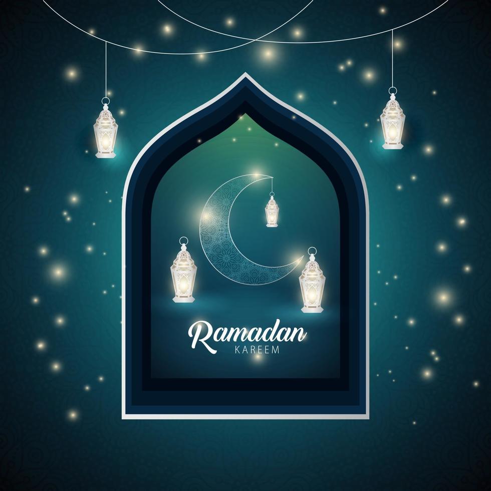 Ramadan Kareem Night Blue Full of Stars with Lanterns Background Design Vector