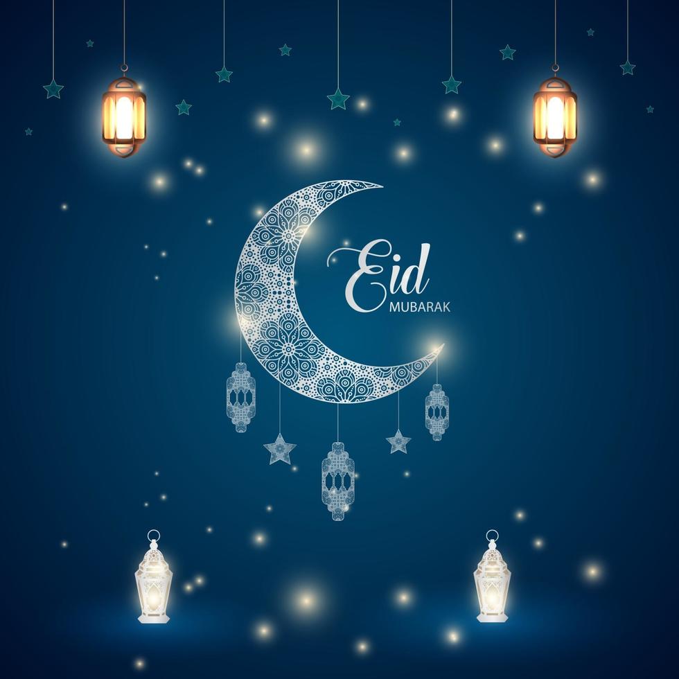 Eid Ul Fitr Mubarak Islamic Celebration. Ornament moon stars lantern background design vector