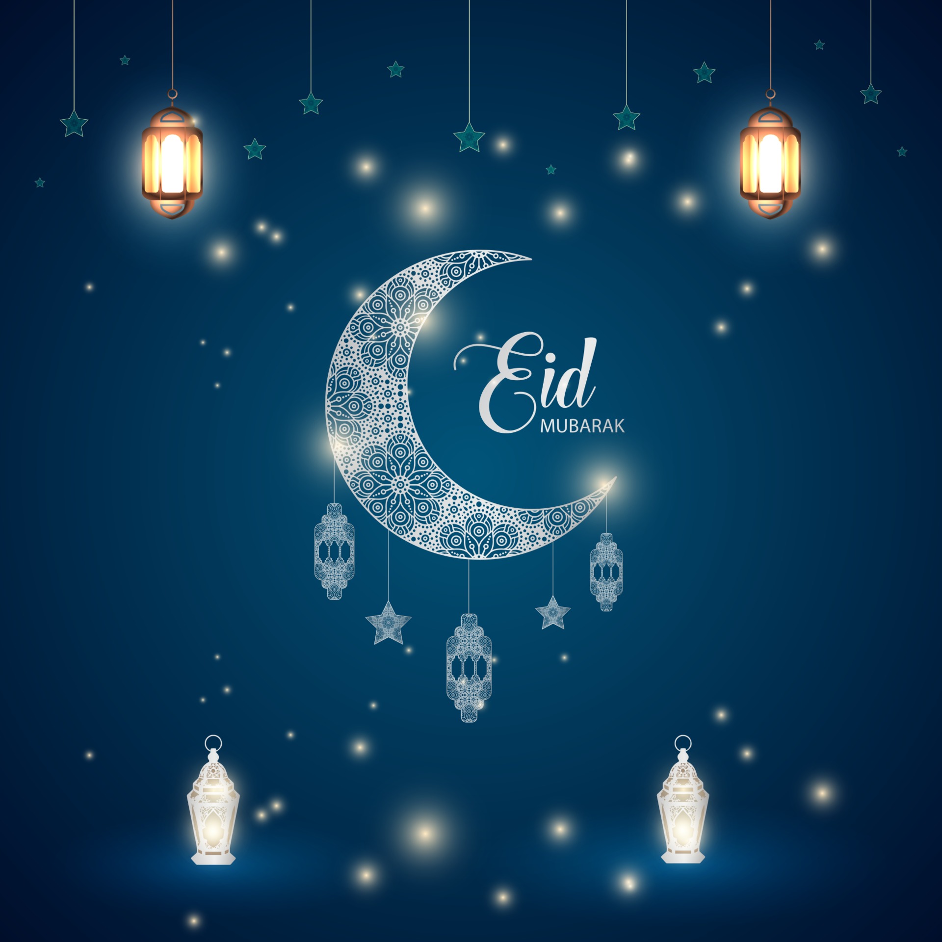 Eid Ul Fitr Mubarak Islamic Celebration Ornament Moon Stars Lantern Background Design Vector 2043211 Vector Art At Vecteezy