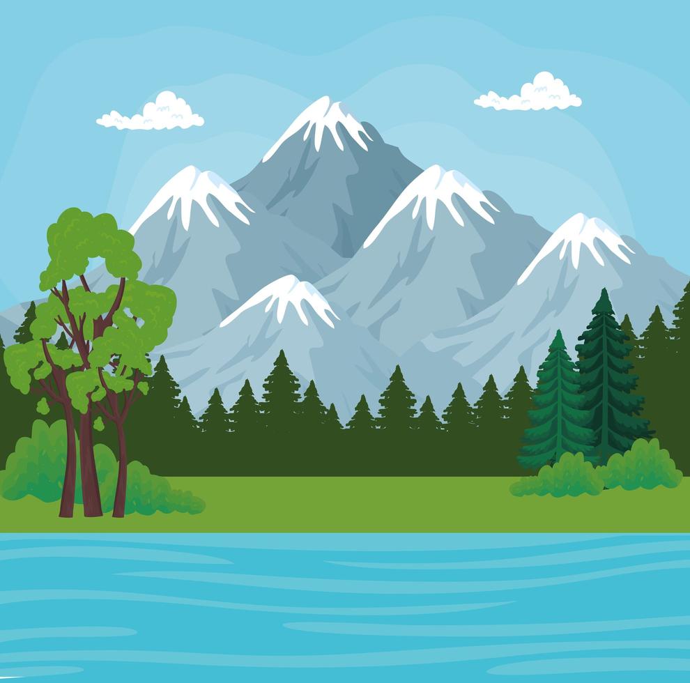 landscape with mountains, pine trees and river vector design