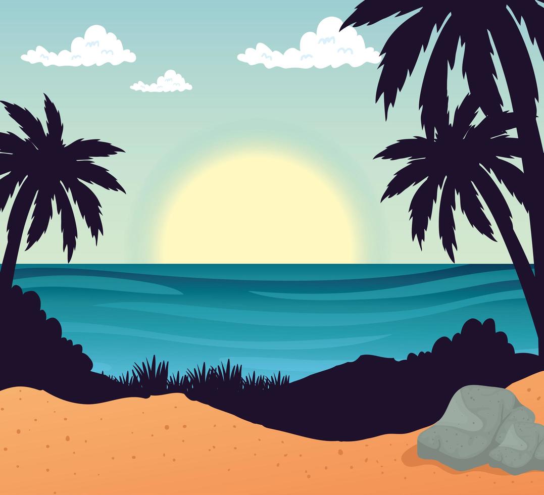 playa con palmeras y diseño vectorial de mar vector