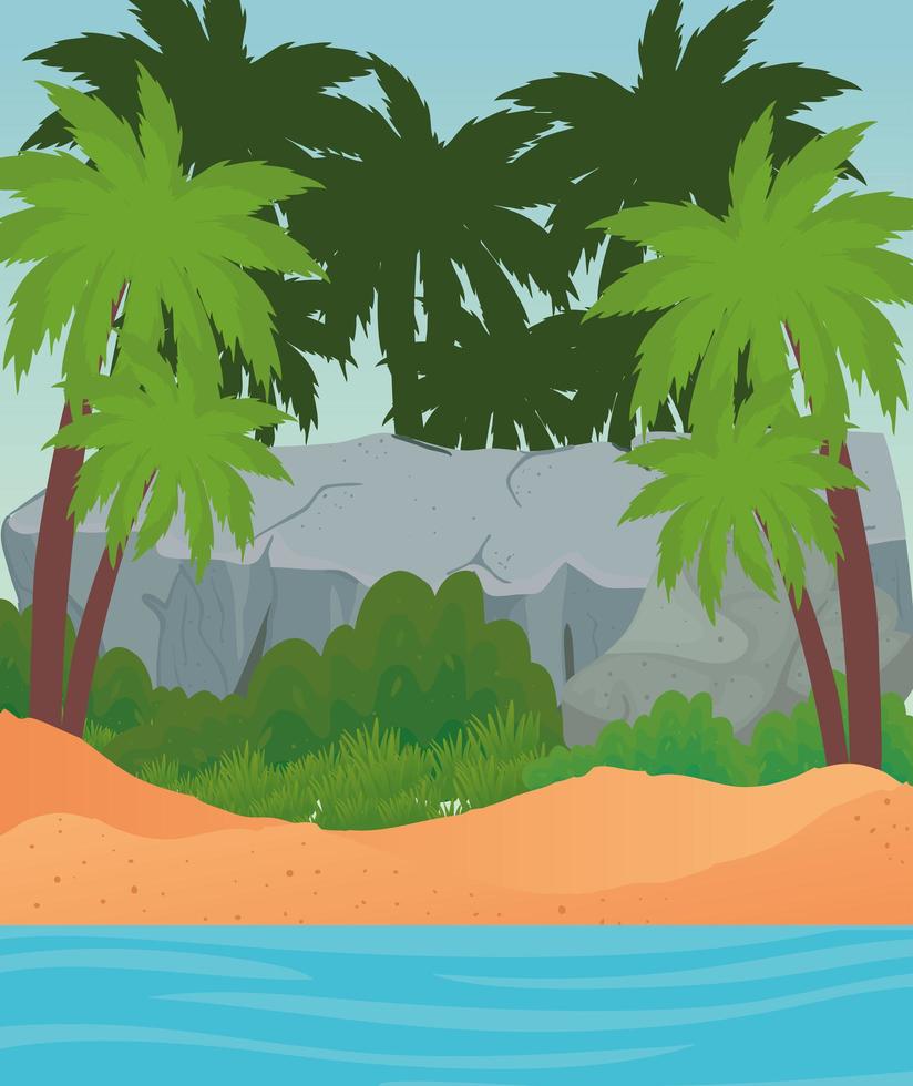 Beach with palm trees, big rock and sea vector design