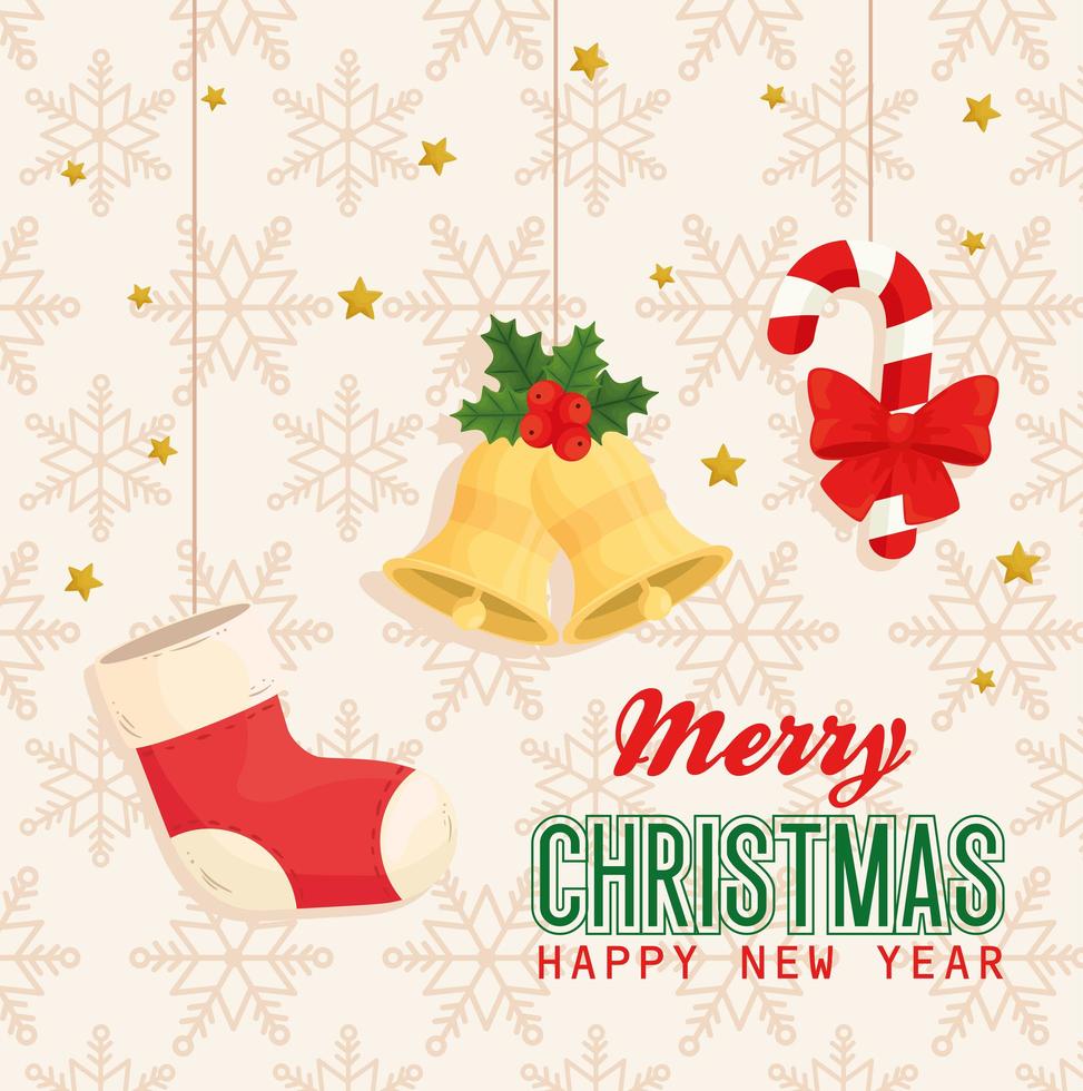 Merry Christmas and happy new year banner with icons hanging vector design