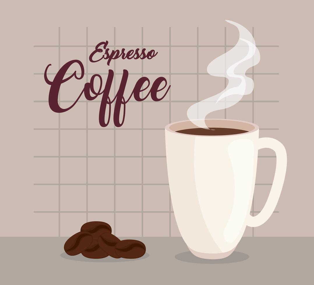 espresso coffee, ceramic cup and coffee beans vector