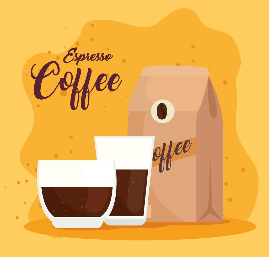 espresso coffee with cups and coffee package vector