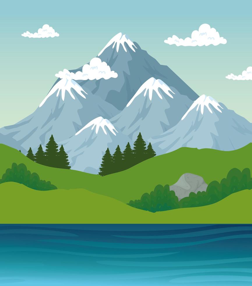 paisaje de montañas, pinos y río diseño vectorial vector