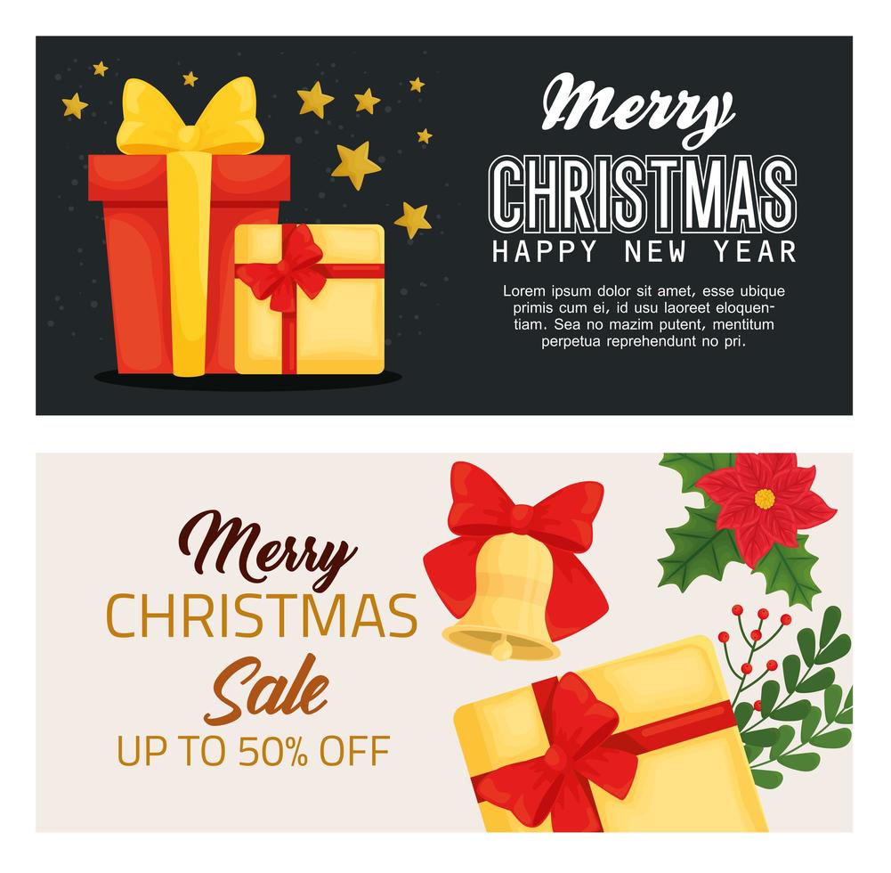 merry christmas happy new year sale and gifts vector design