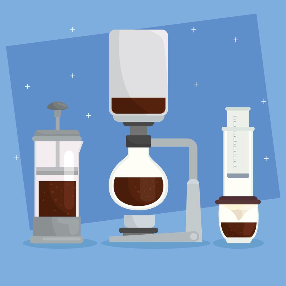 Iconos de métodos de preparación de café sobre fondo azul. vector