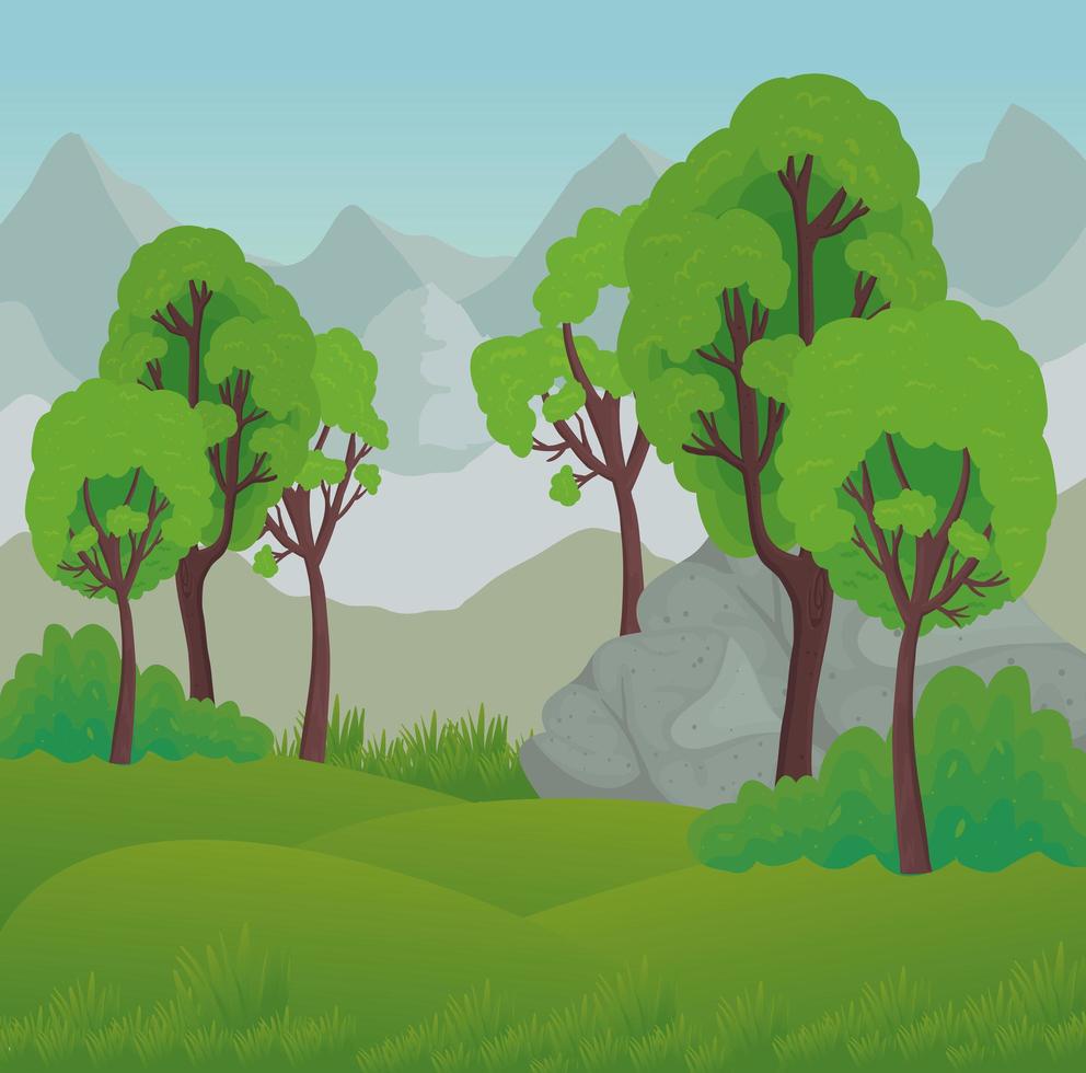 paisaje con árboles y rocas frente a montañas diseño vectorial vector