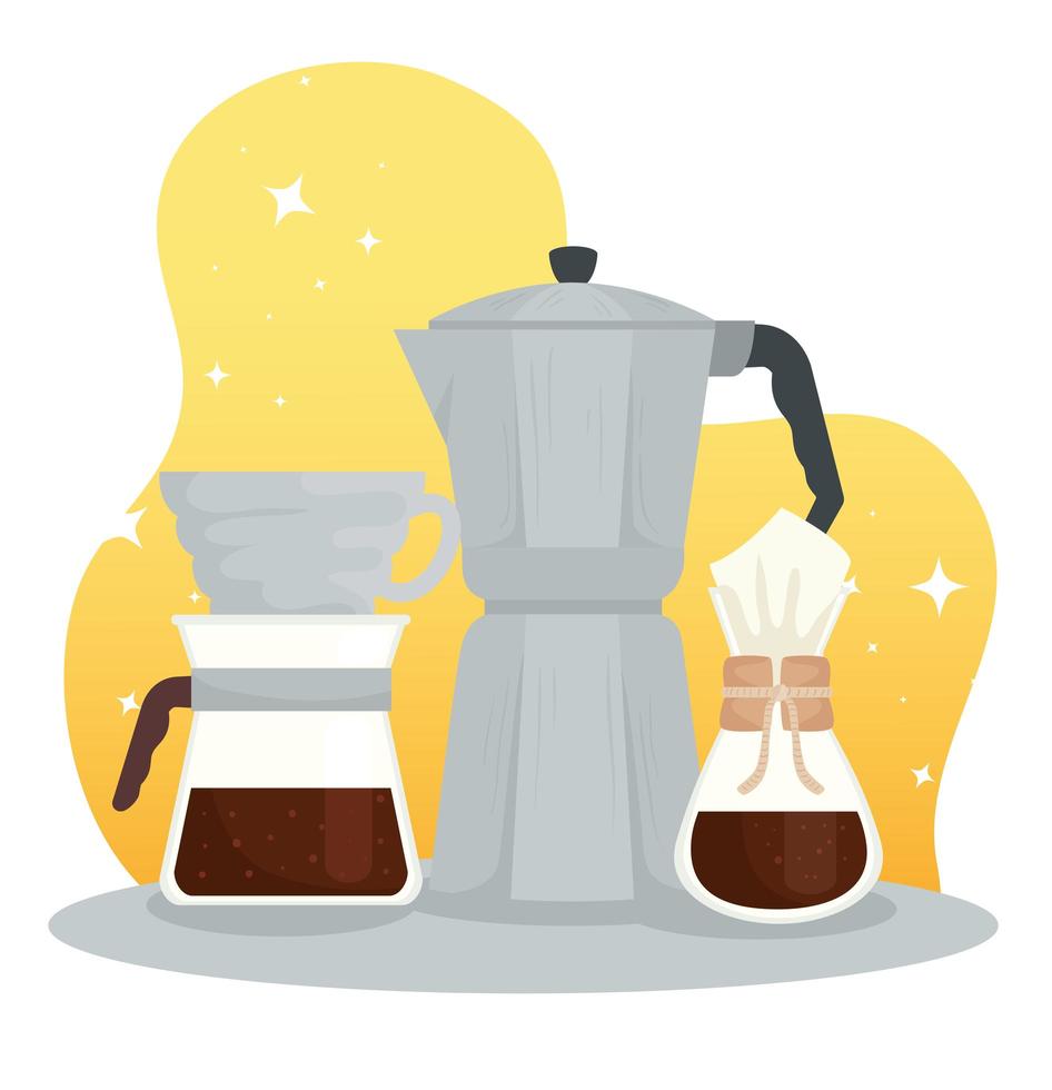 coffee brewing methods, moka pot, chemex and pour over vector