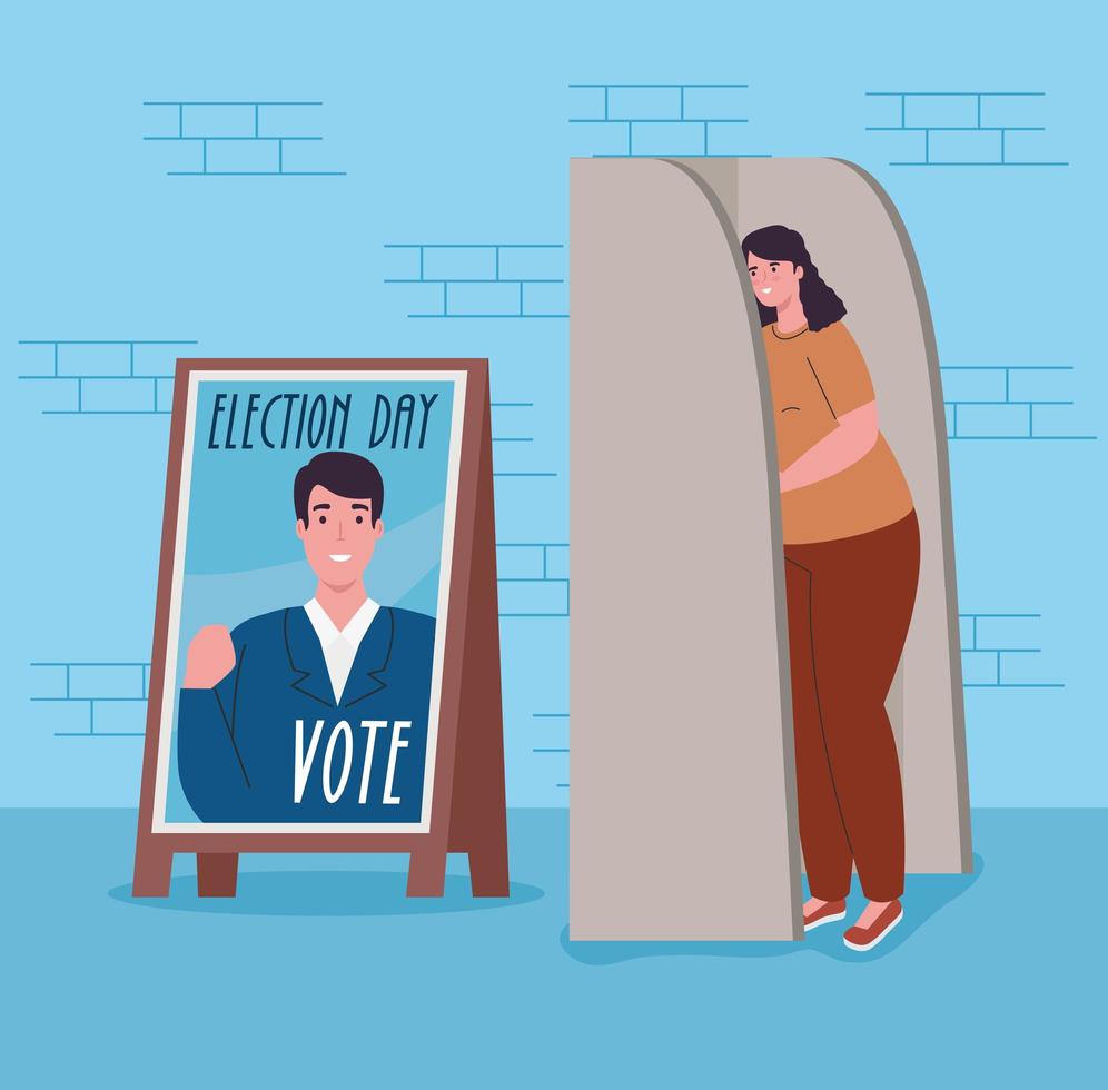 Elections day banner with woman at the voting booth vector