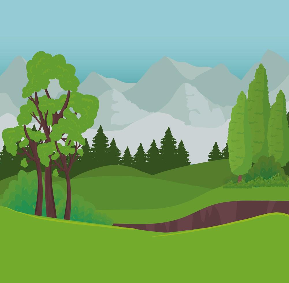 landscape with trees and shrubs in front of mountains vector design