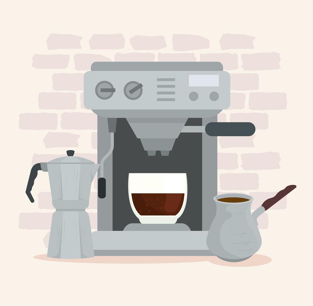 coffee brewing methods, moka pot with maker and turkish coffee vector