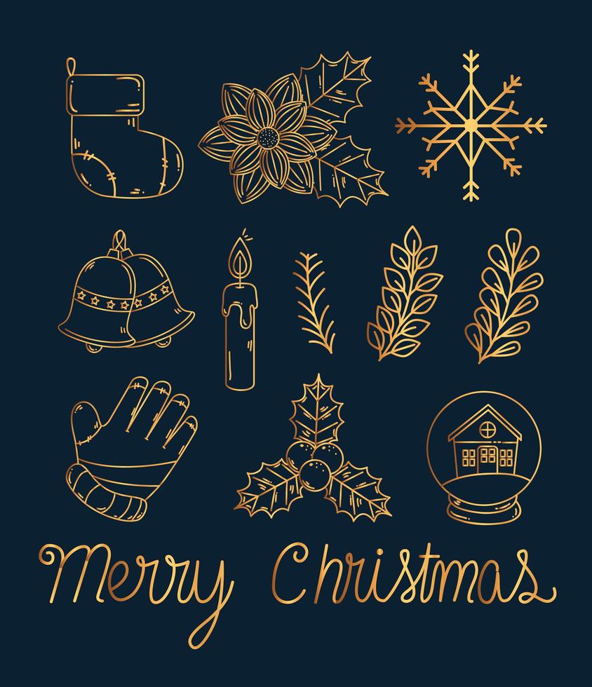 merry christmas gold icon set vector design