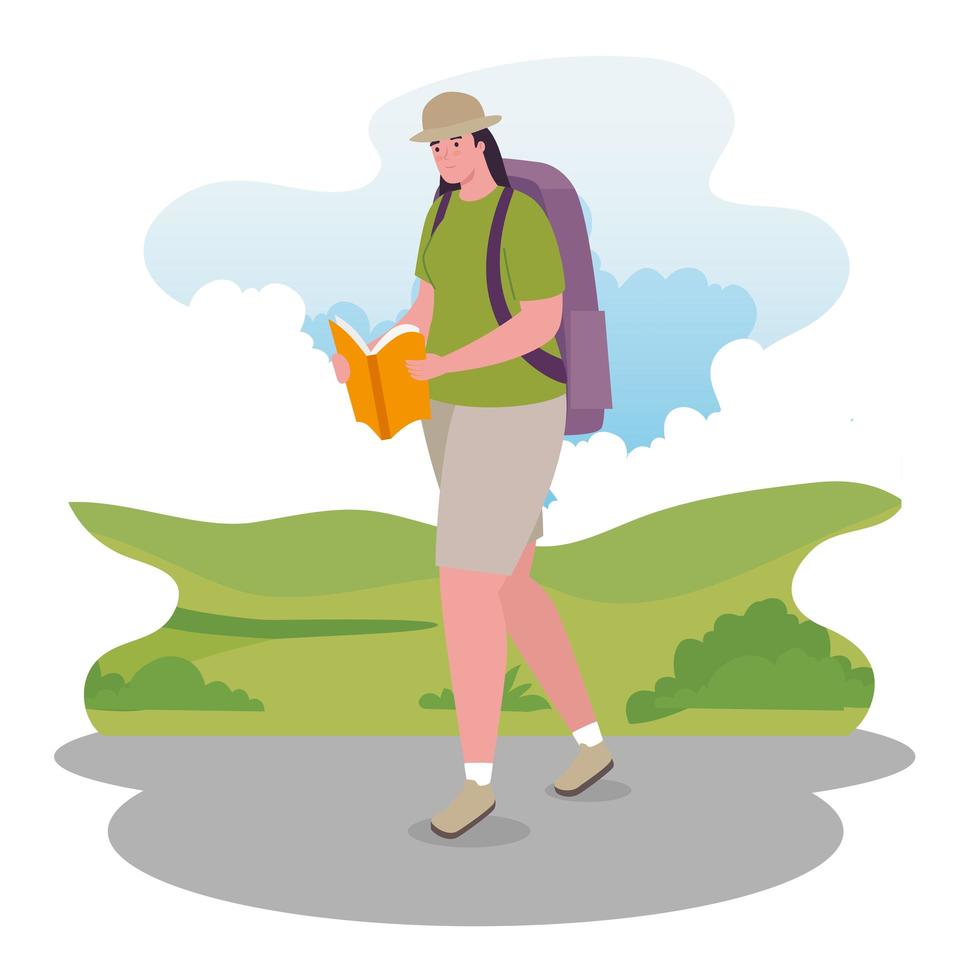 mujer de excursión con un libro de diseño vectorial vector