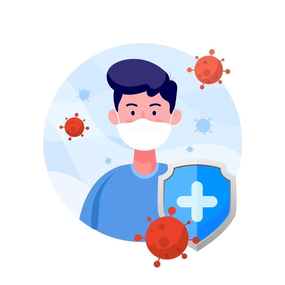 escudo protege al hombre que usa máscara médica protectora contra el virus corona en estilo plano. concepto de diseño de ilustración de la asistencia sanitaria y médica. concepto de ataque mundial del virus corona y covid-19. vector