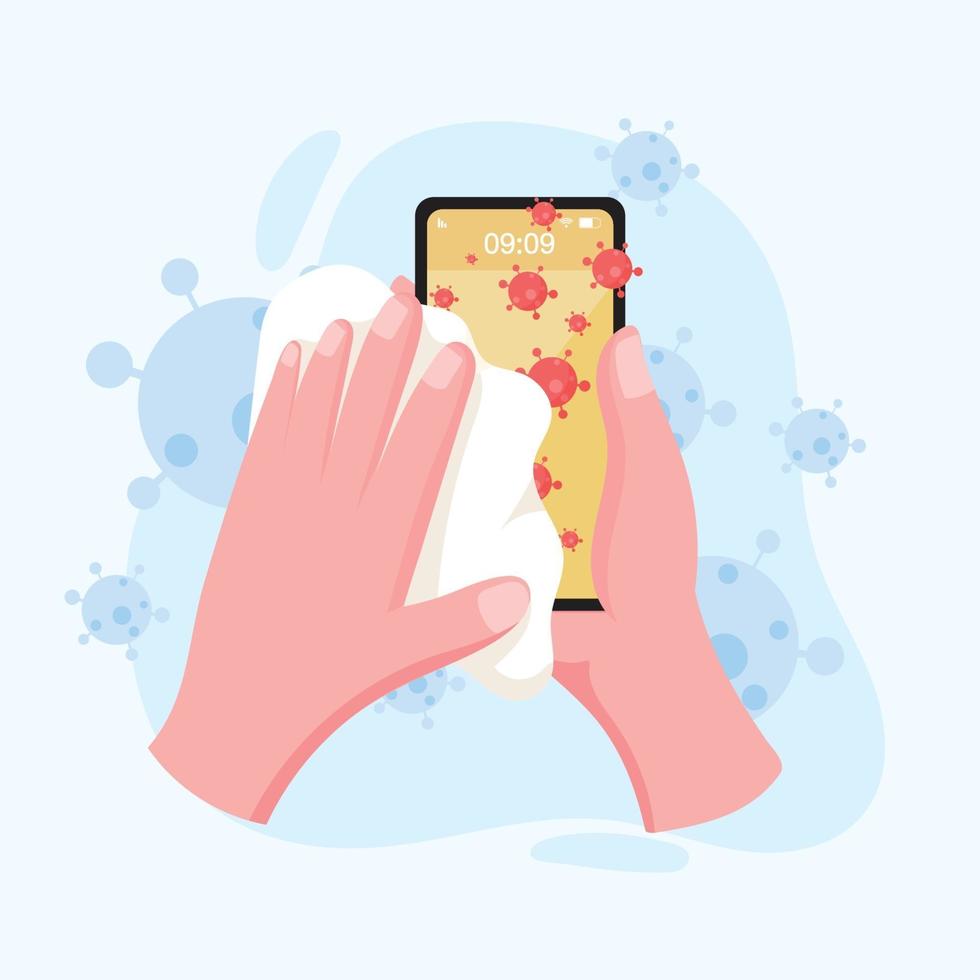 hand holding and cleaning mobile phone screen with a napkin in flat style. stay safe for protect coronavirus. covid-19 outbreaking and pandemic attack concept. vector