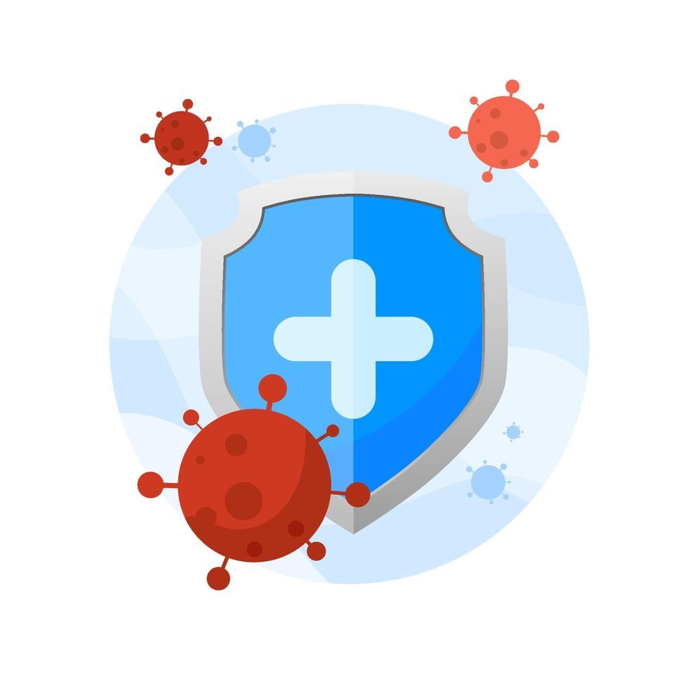 escudo protege del virus corona en el fondo del círculo azul en estilo plano. concepto de diseño de ilustración de salud y medicina. concepto de ataque del virus corona mundial y covid-19. vector