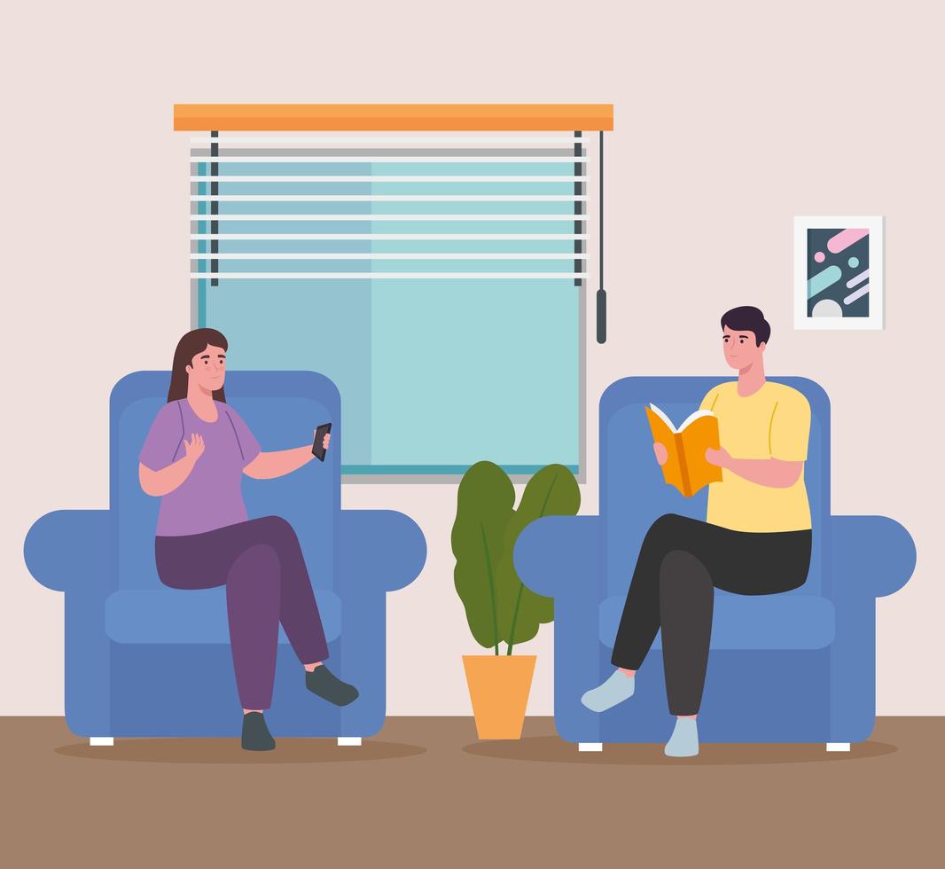 woman and man on chairs at home vector design