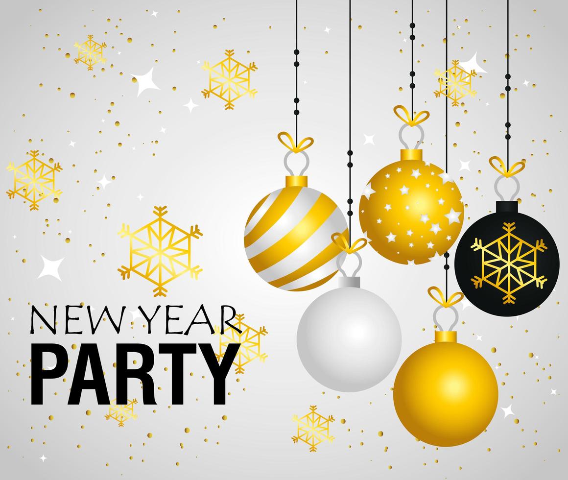 Happy new year banner with ornaments hanging and snowflakes vector design
