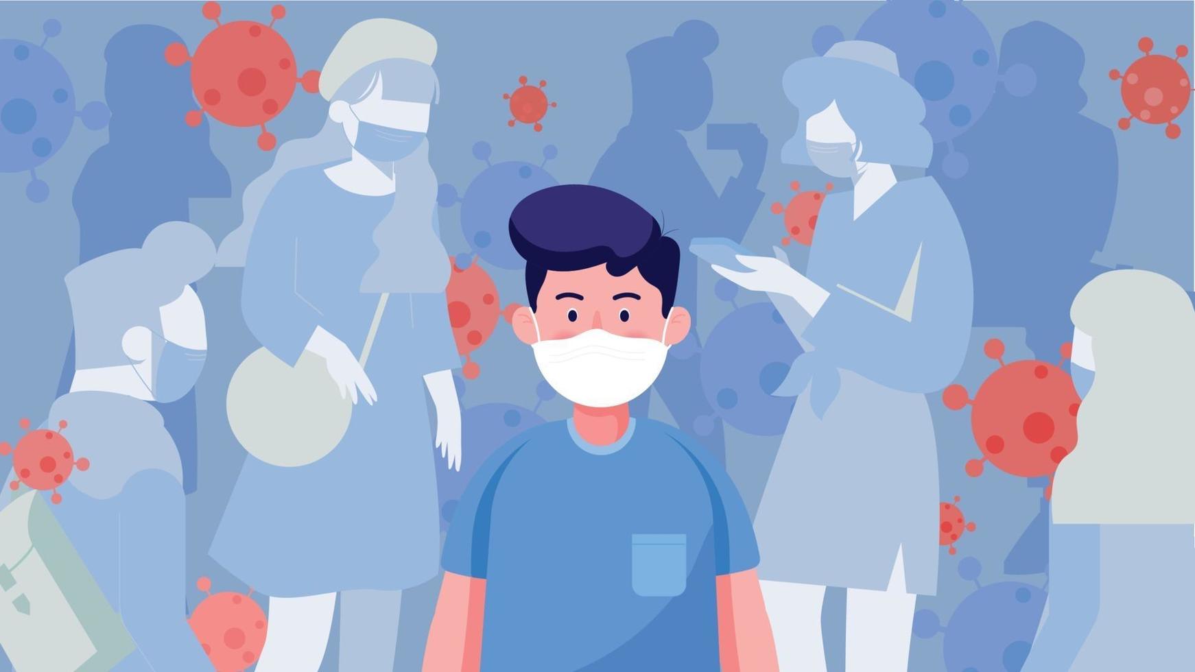 crowd of people wearing protective medical mask. human protection from virus outbreak. world coronavirus and covid-19 outbreaking and pandemic attack concept. vector