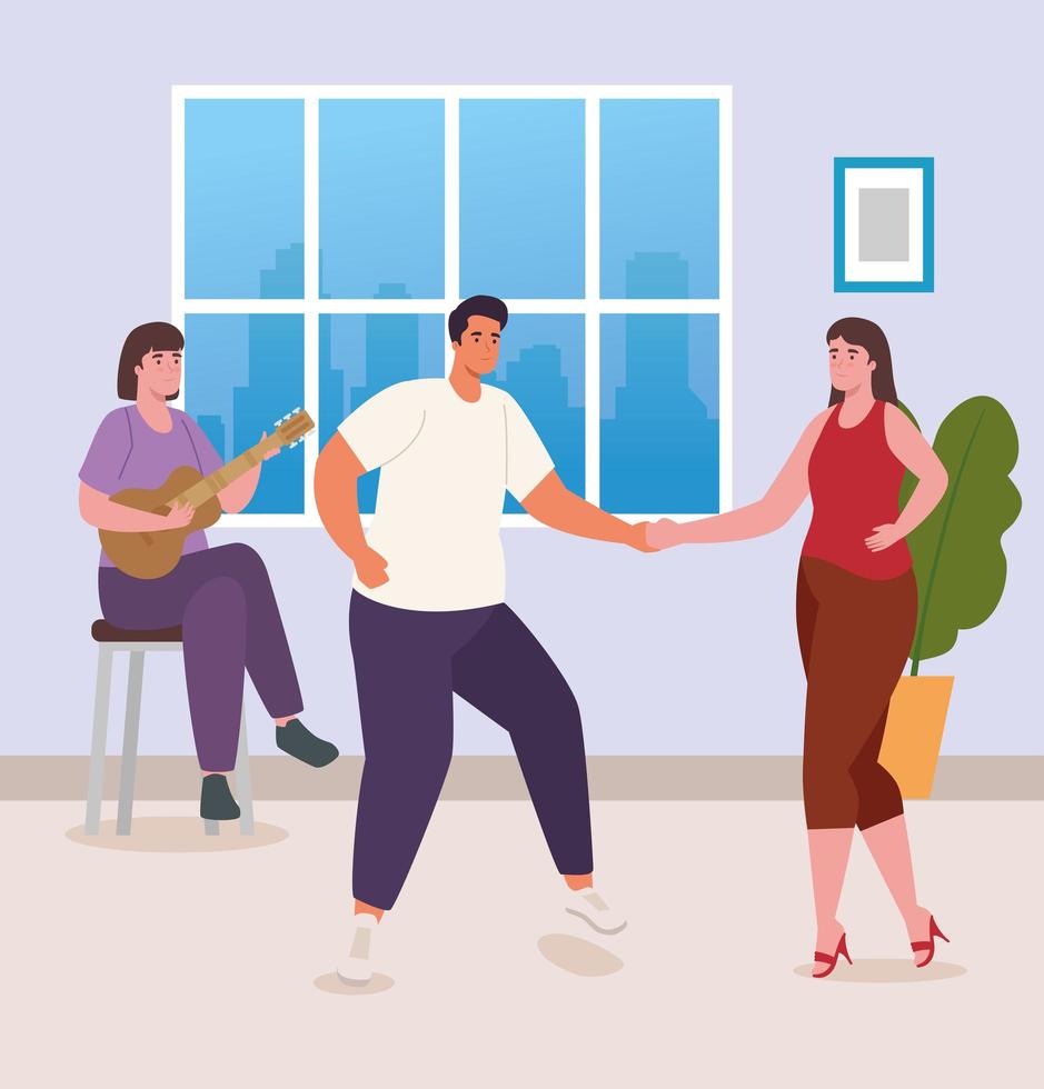 people dancing and playing guitar at home vector design