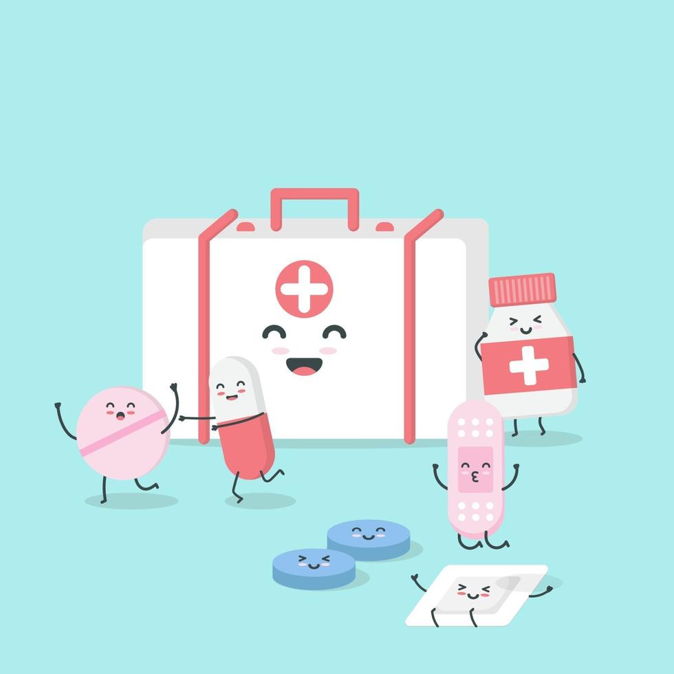 Cute cartoon medicine character. isometric drugs, pills, syringe,  thermometer, band-aid, dropper and first aid box. illustration design  concept of healthcare and medicine. - vector 2043492 Vector Art at Vecteezy