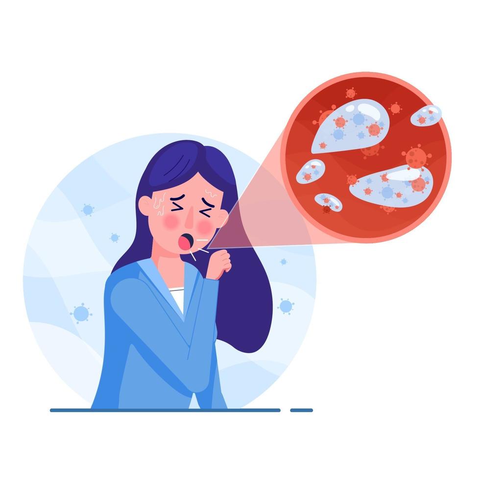 woman have symptom cough. pandemic saliva have corona virus in flat style. illustration design concept of Healthcare and Medical. world Corona virus and covid-19 attack concept. vector