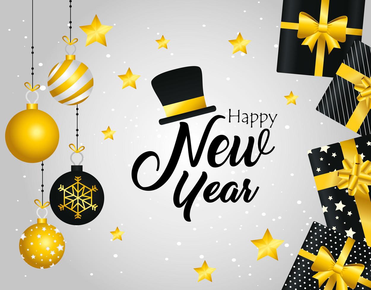 Happy new year banner with gifts and ornaments vector