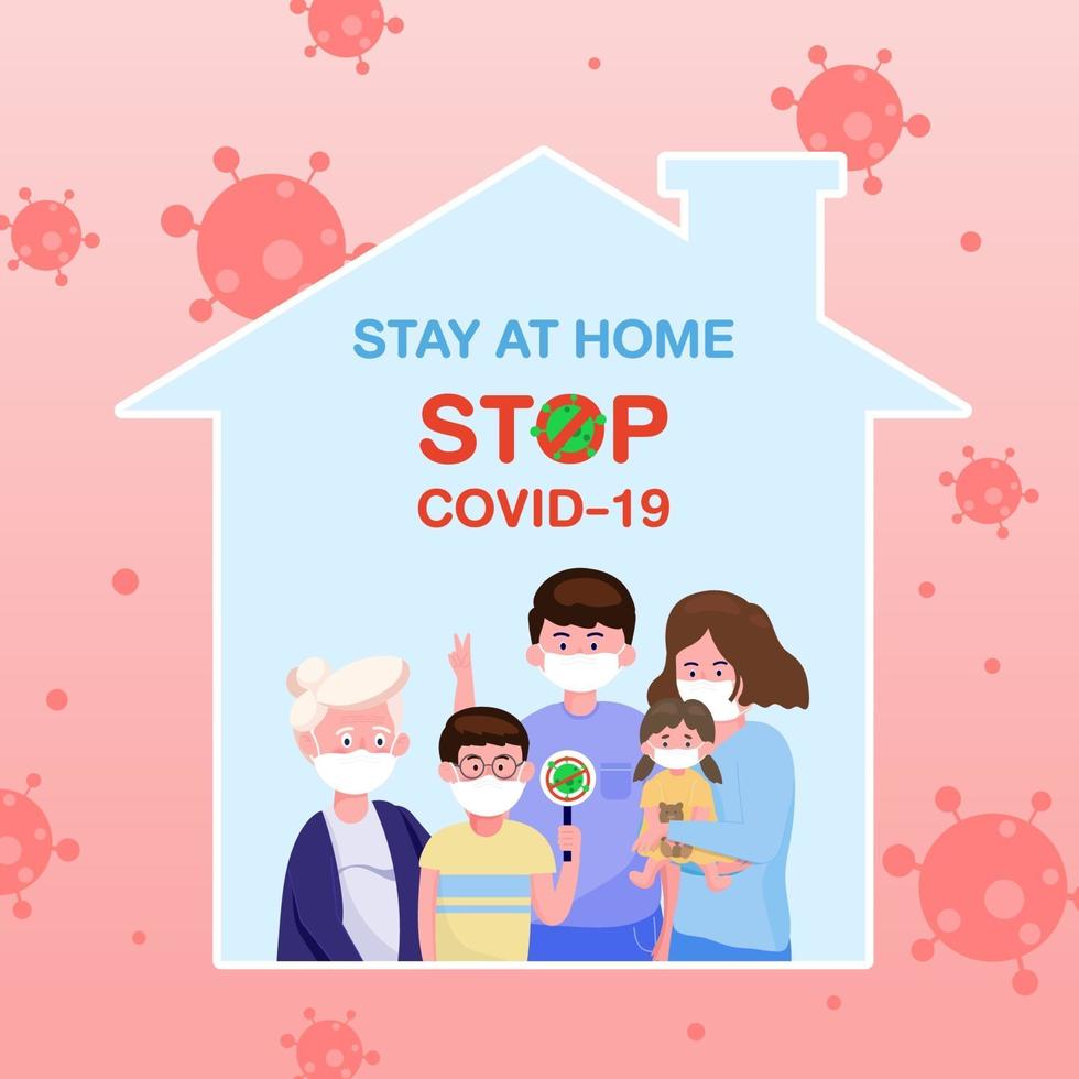 el padre de familia, la madre y la niña. Quédate en casa para protegerte del coronavirus. concepto de brote de covid-19 y ataque pandémico. vector