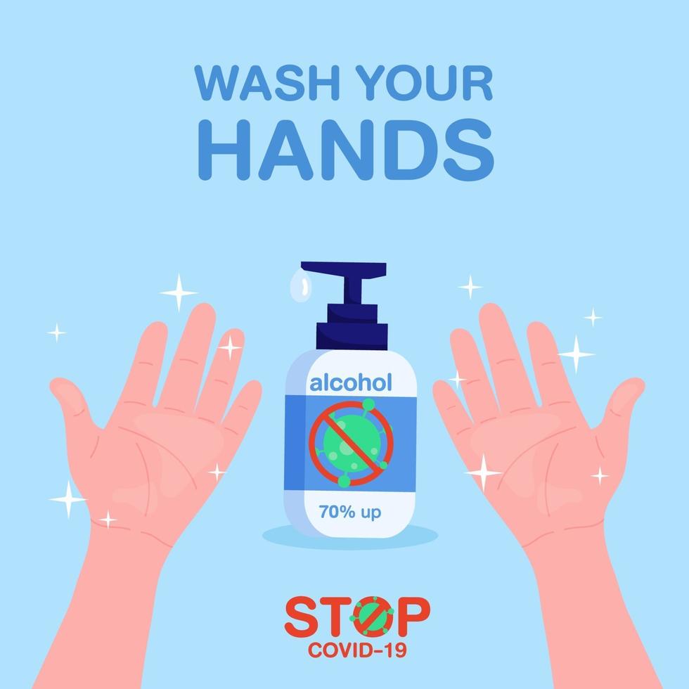 washing hands with alcohol gel in flat style. coronavirus or covid-19 outbreaking and pandemic attack concept. vector