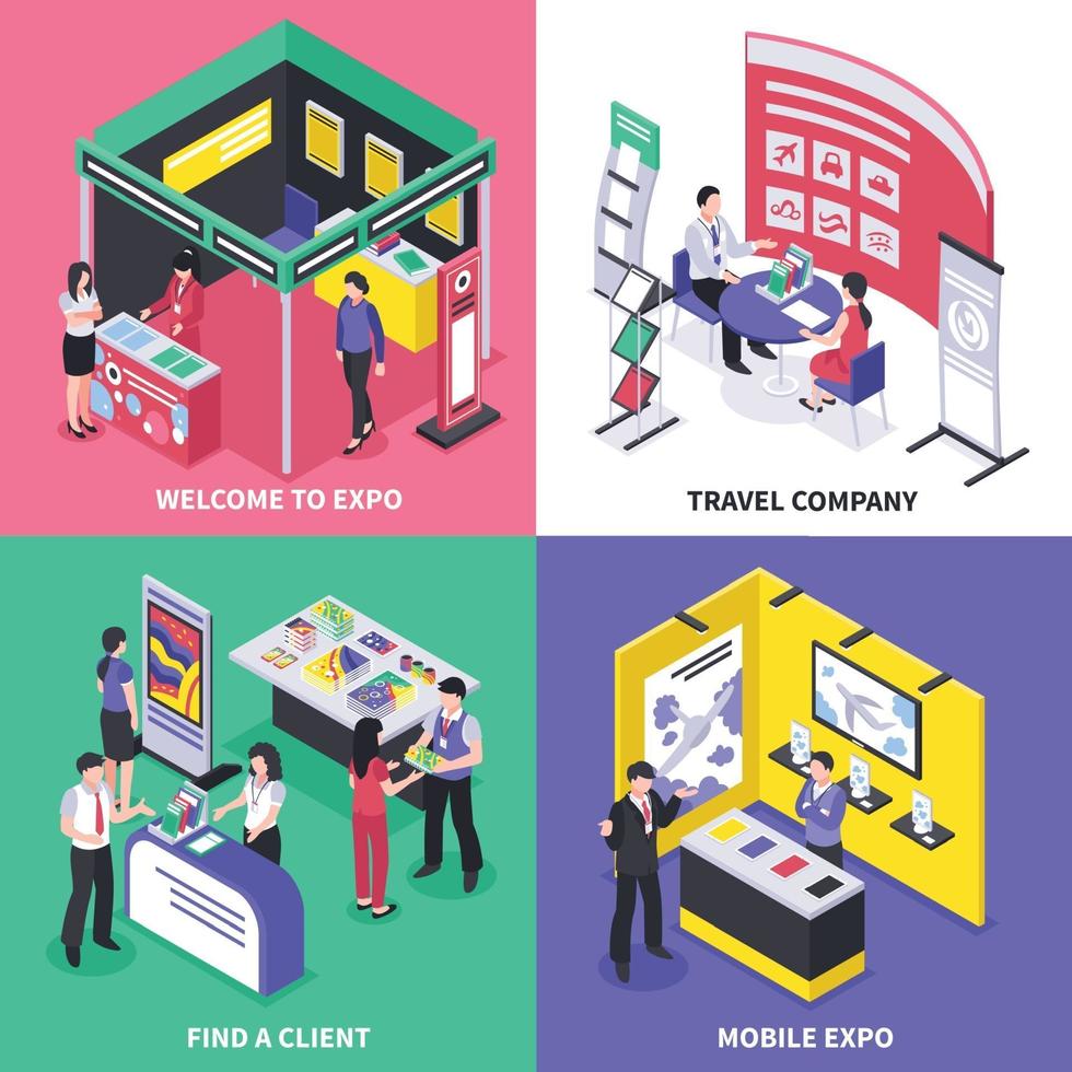 isometric expo stand exhibition design concept vector