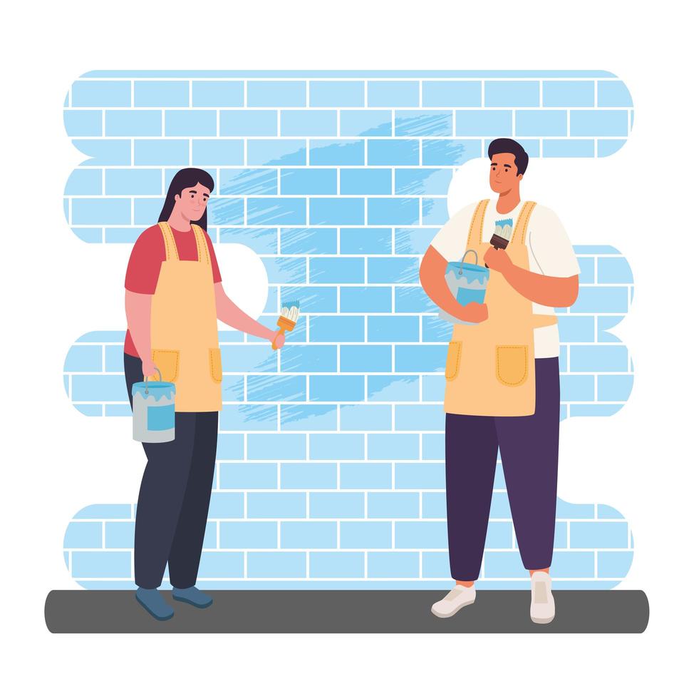 woman and man painting a wall vector design