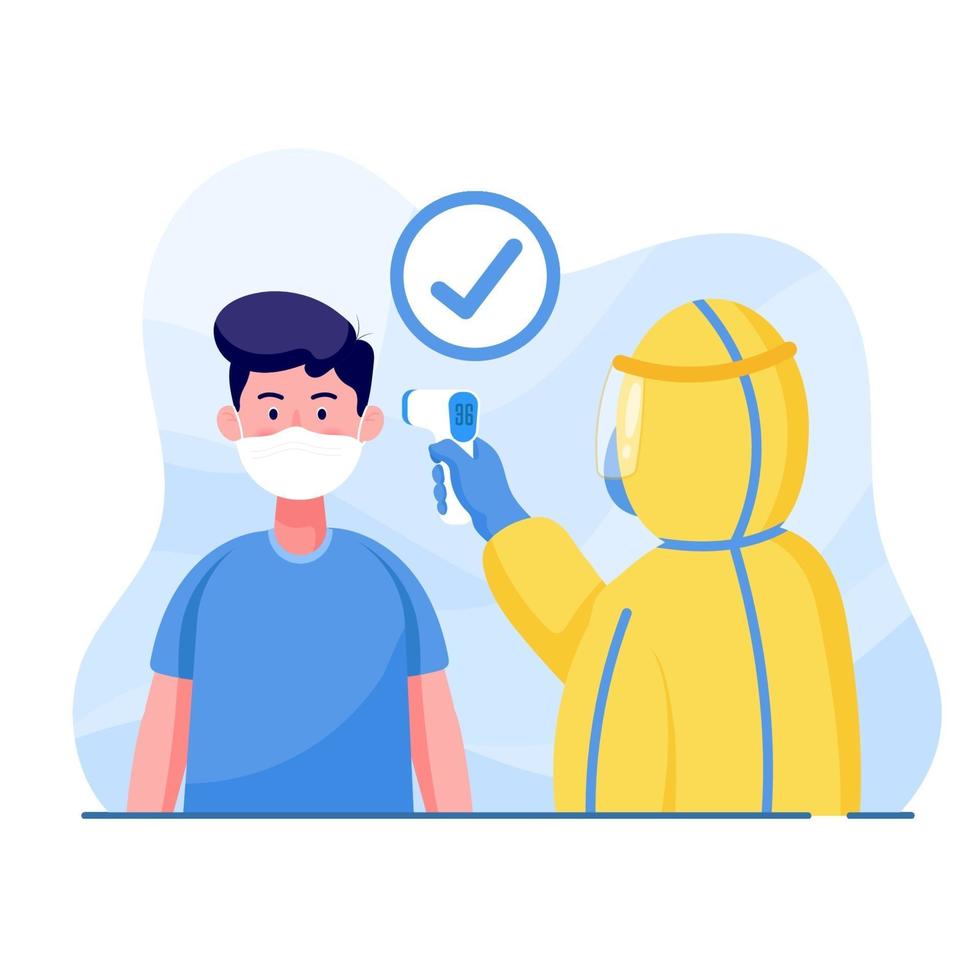 man wearing protective suits measures the man temperature for protect coronavirus. world Corona virus and covid-19 outbreaking and pandemic attack concept. vector
