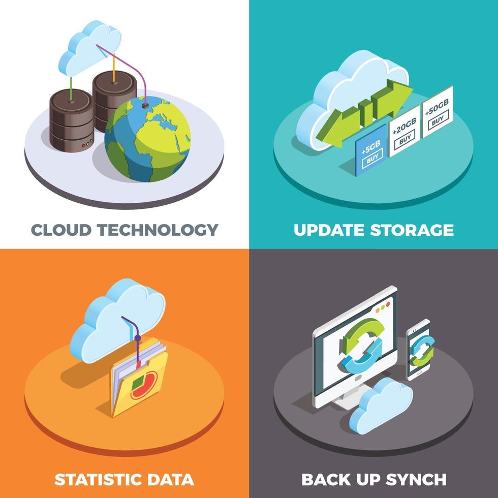 concepto isométrico de servicios en la nube 2x2 vector