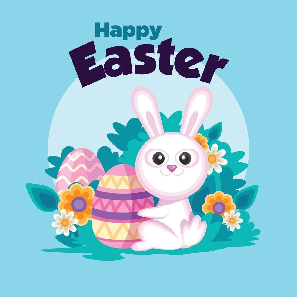 Conejito sonriente de dibujos animados de Pascua con huevo de Pascua en fondo azul claro vector