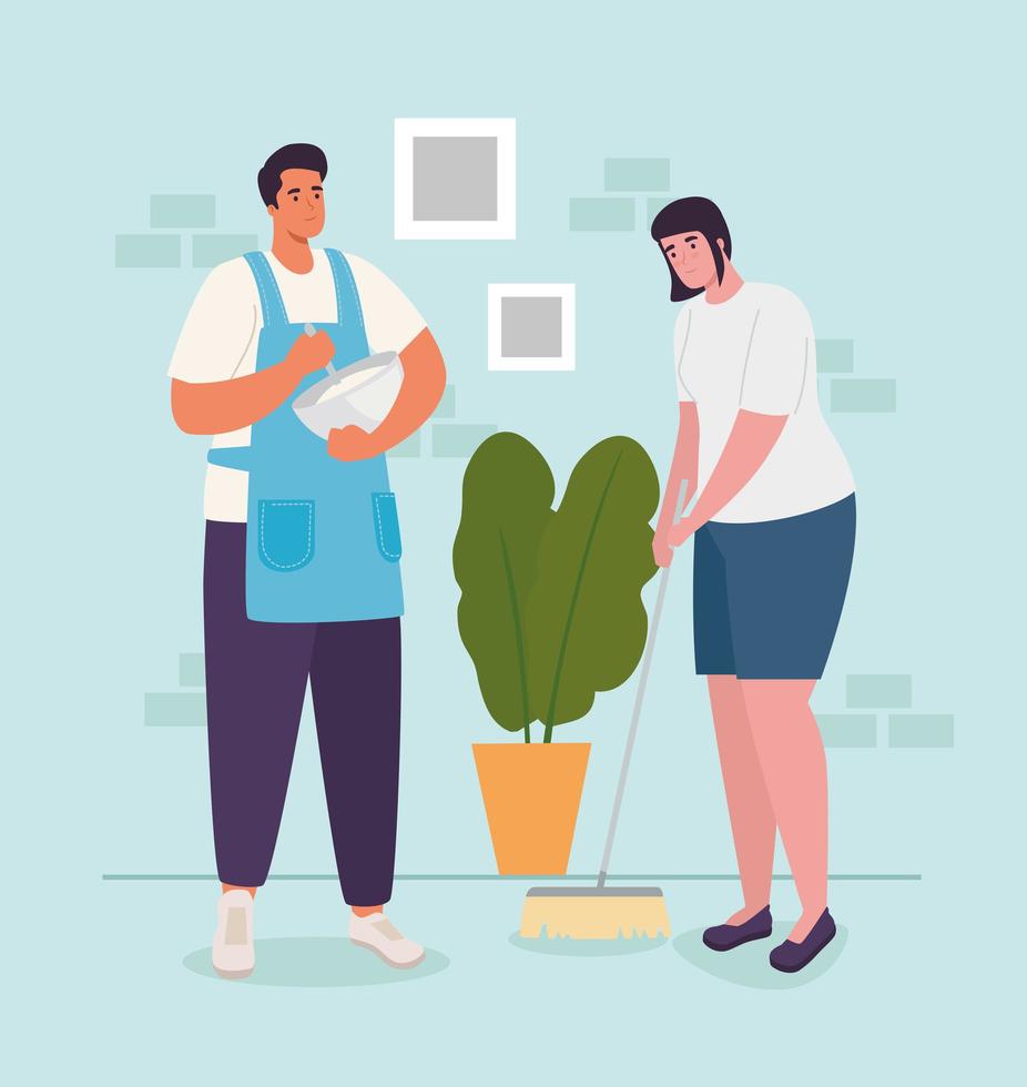 woman and man at home cooking and sweeping vector design