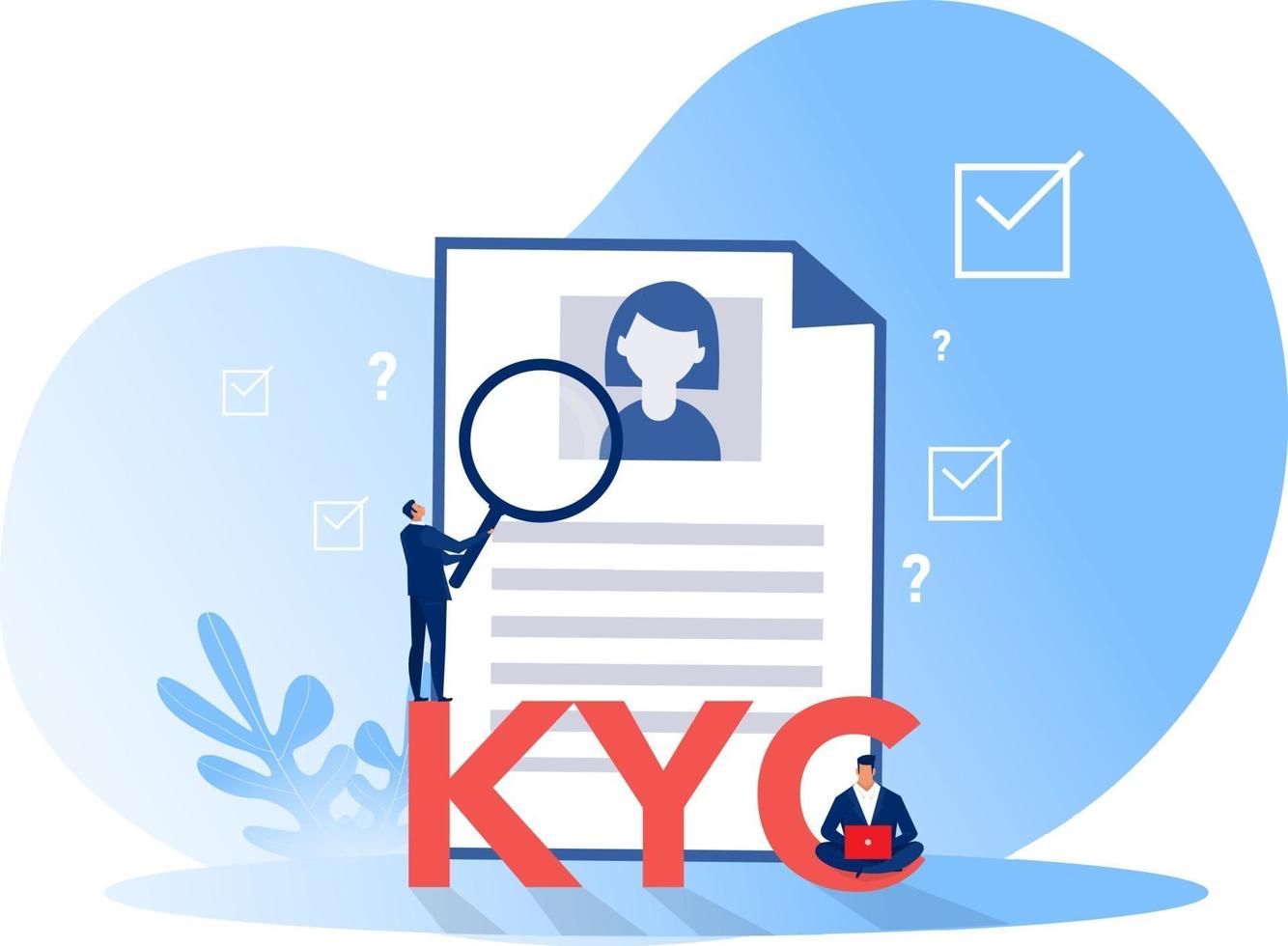 kyc o conozca a su cliente, negocio que verifica la identidad de sus clientes a través de un ilustrador vectorial de lupa vector