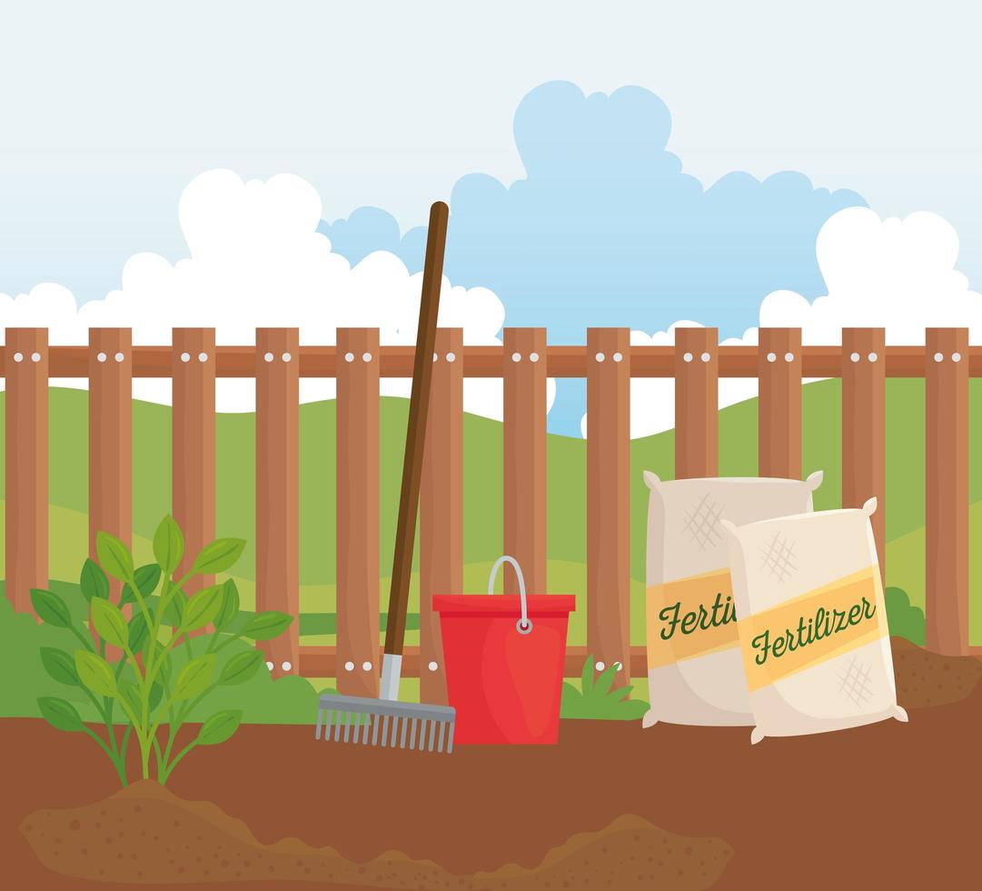 Bolsas de fertilizante de jardinería, rastrillo y diseño vectorial de cubos. vector