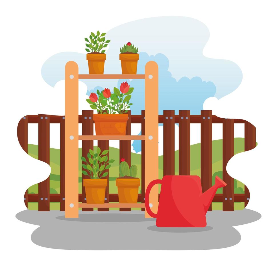 Gardening plants, pots, and watering can vector design