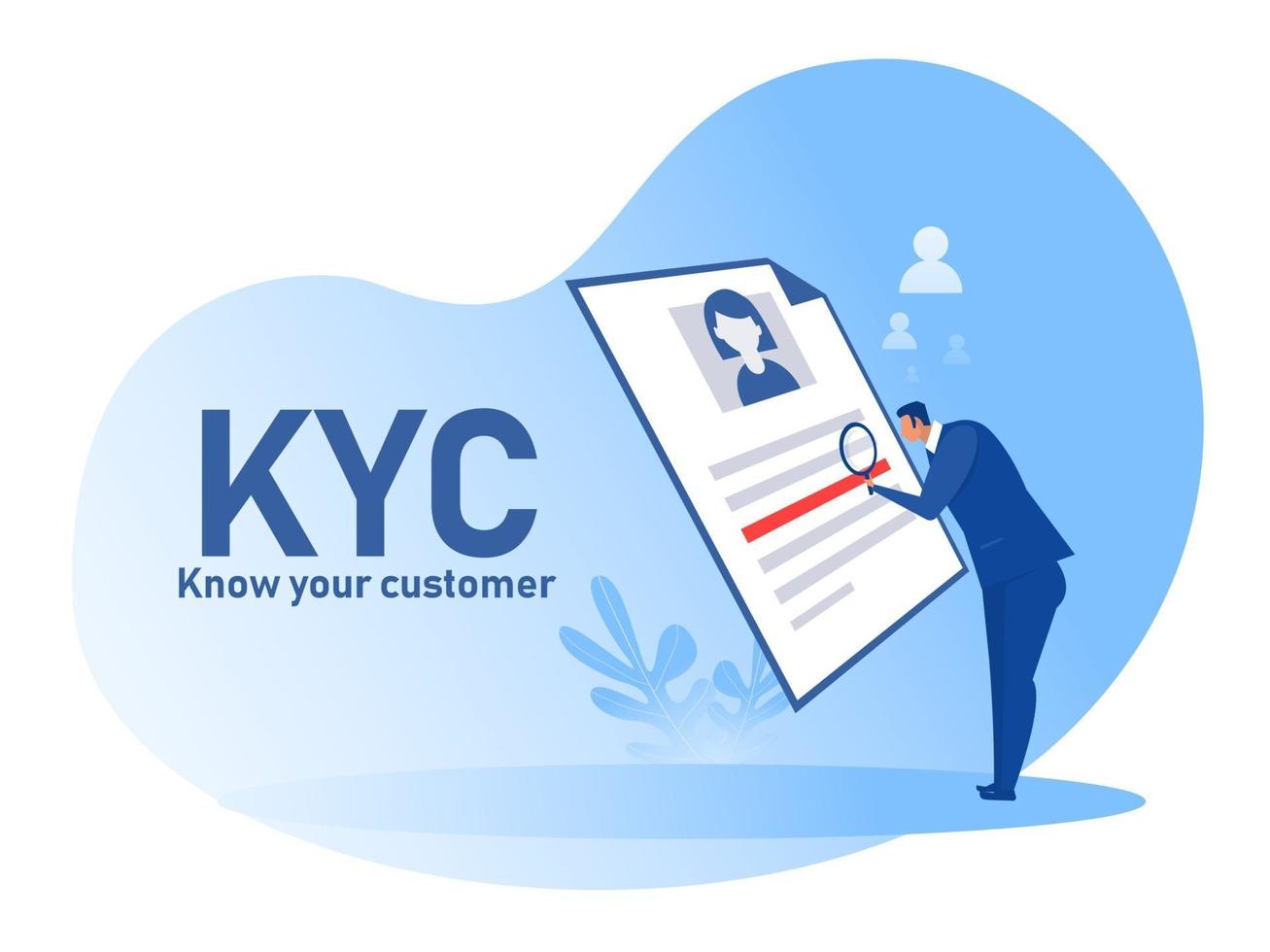 kyc o conozca a su cliente con negocios verificando la identidad del concepto de sus clientes a través de un ilustrador de vectores de lupa