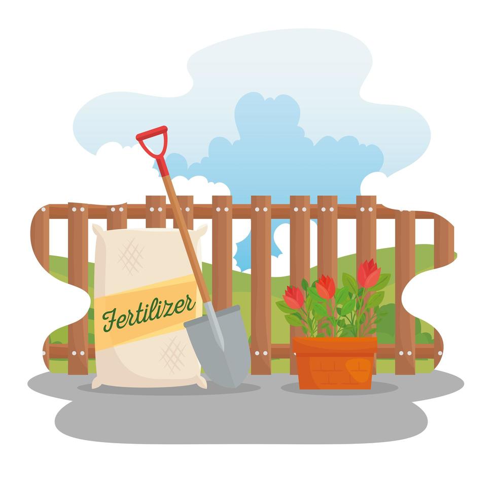 Gardening fertilizer bag, shovel, and flowers vector design