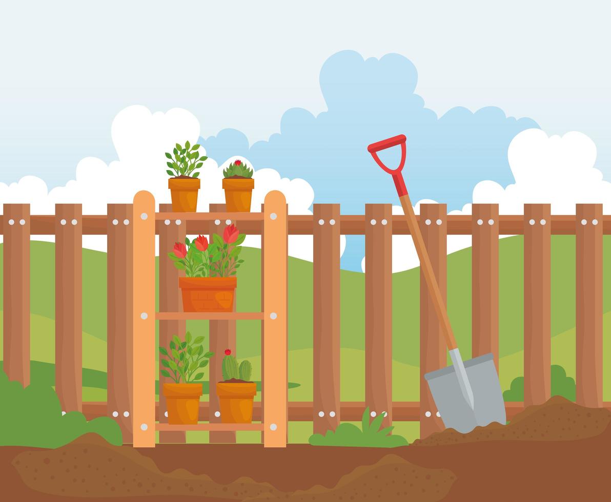 Gardening plants, pots, and shovel on earth vector design