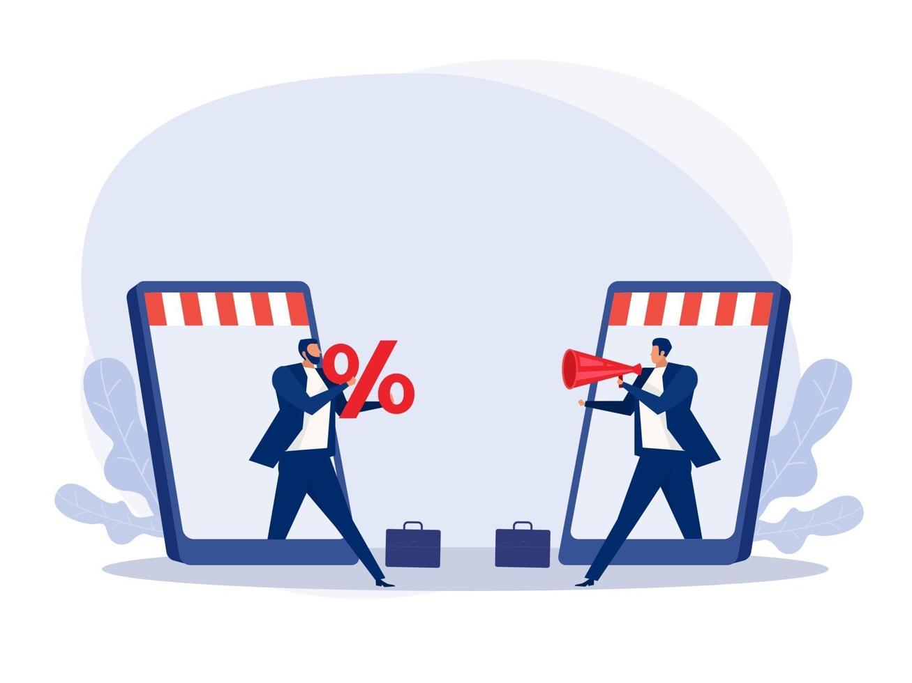 Two businessman make offers via Online store sales promotion concept discounted sales prices, decreases, shopping, customer increases. vector