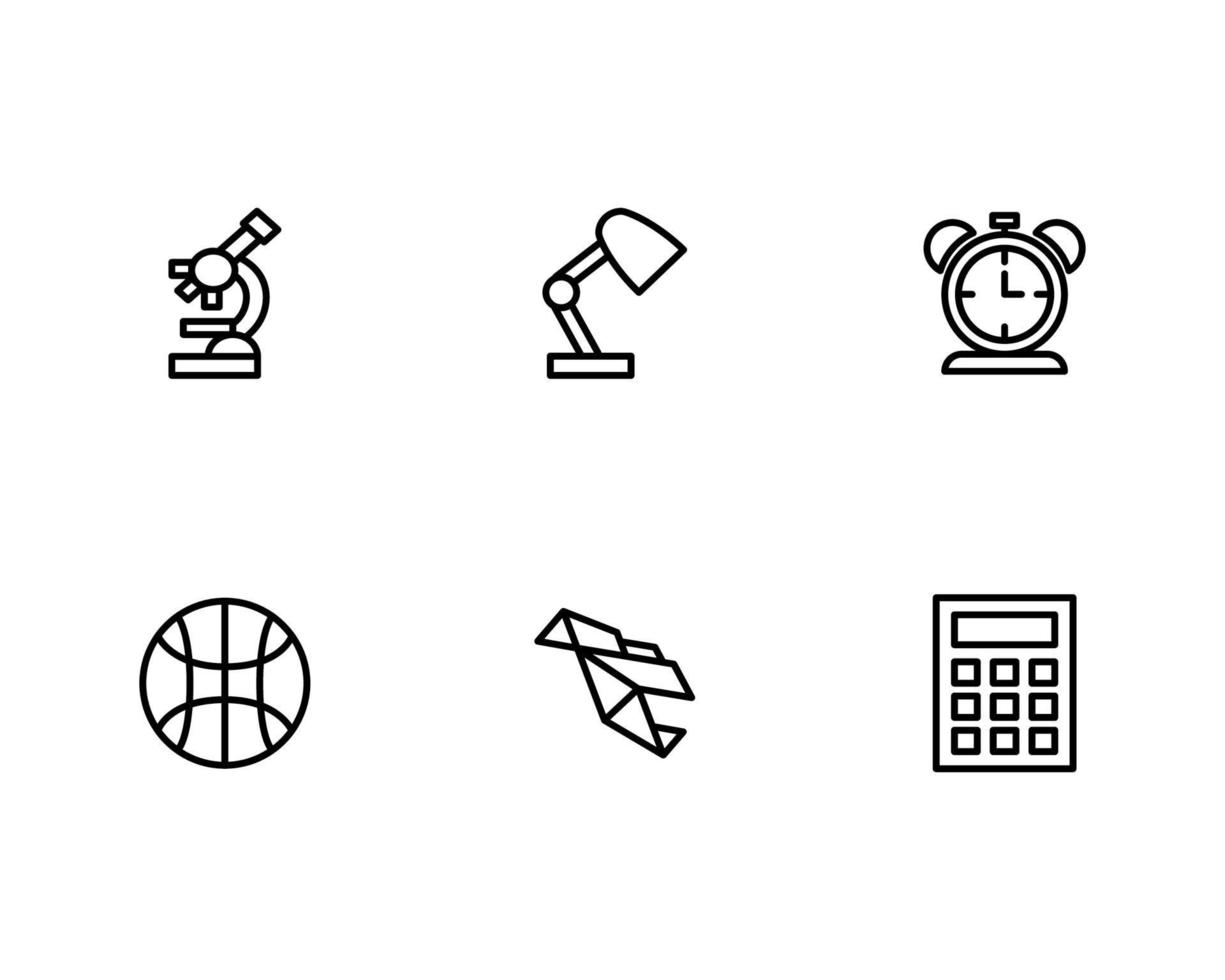 Education Icon Set with Microscope, Table Lamp, Alarm Clock, Basket Ball, Origami Bird and Calculator Icon vector