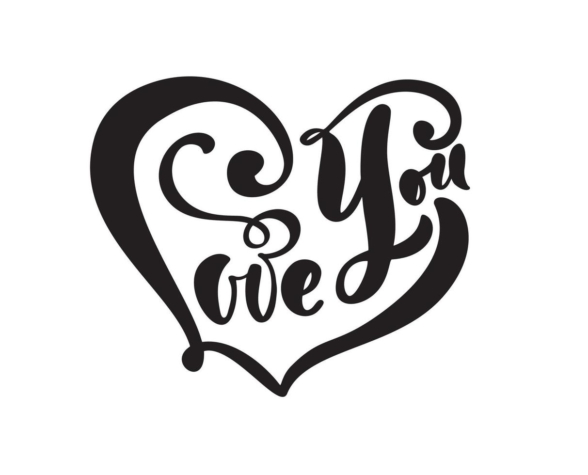 Calligraphy phrase Love You. Valentines Day Hand Drawn lettering in form of heart. Holiday sketch doodle Design valentine card, web, wedding and print. Isolated illustration vector