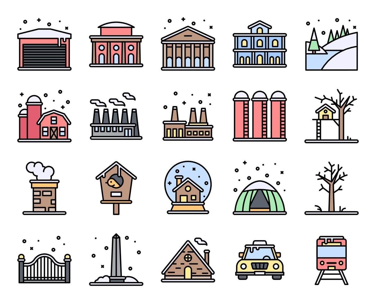 conjunto de iconos de vector lleno de ciudad de invierno