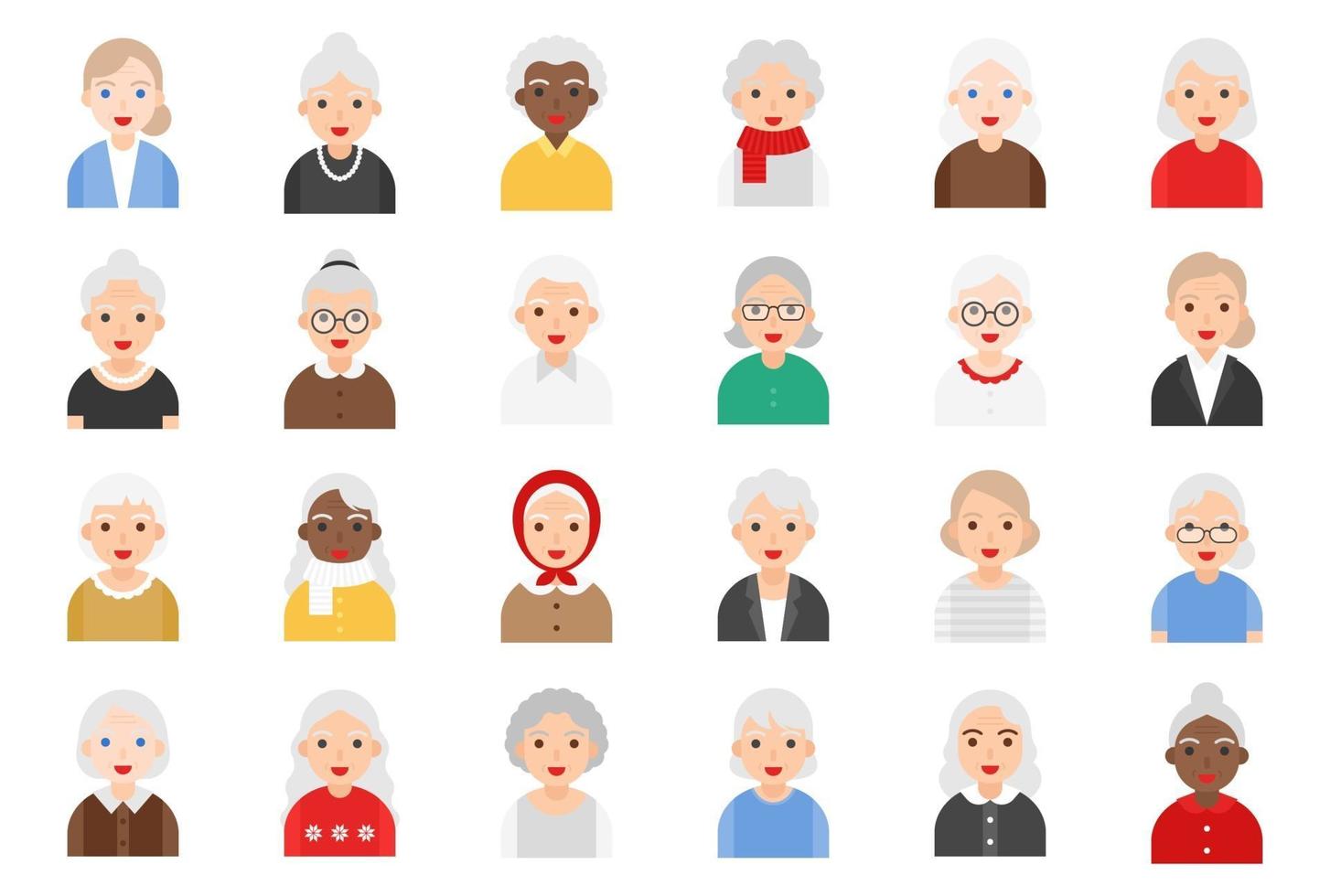 Elderly Woman avatar flat icon set, vector illustration